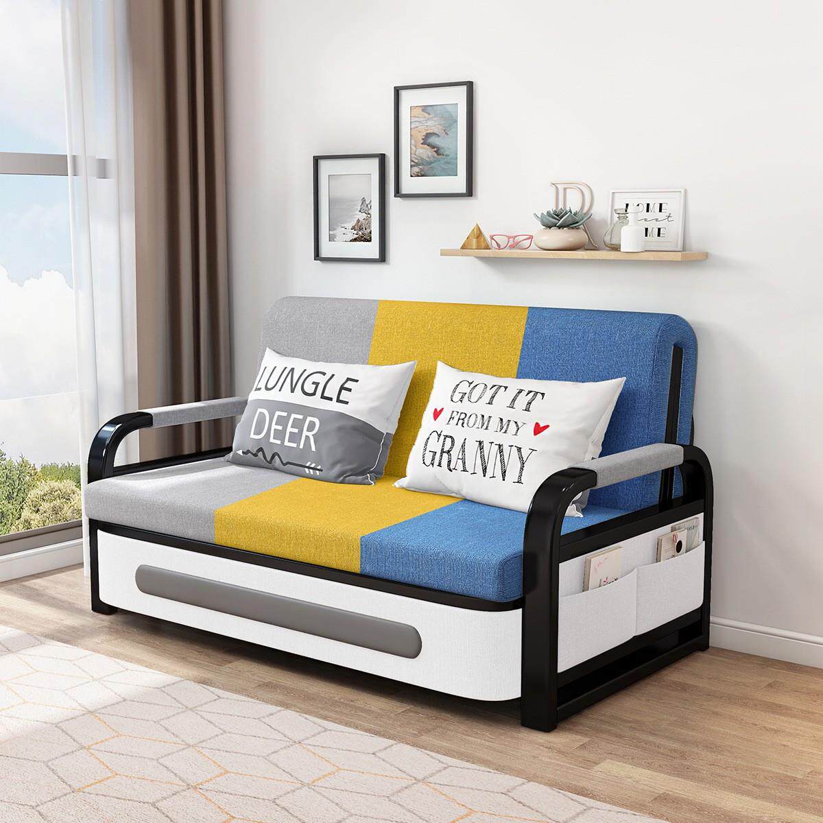 拼色布艺沙发床网红款伸缩单人床家用小户型坐卧多功能折叠沙发床