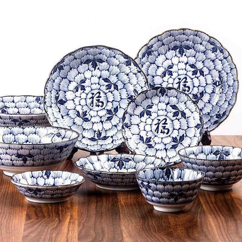日本仁峰 美浓烧釉下彩花万叶青花福字陶瓷盘子菜盘汤碗饭碗餐具