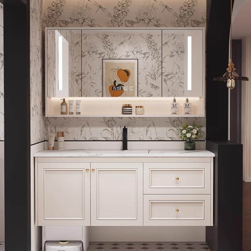 A9L2026新款法式奶油风浴室柜岩板陶瓷一体盆洗漱台面洗手脸盆柜