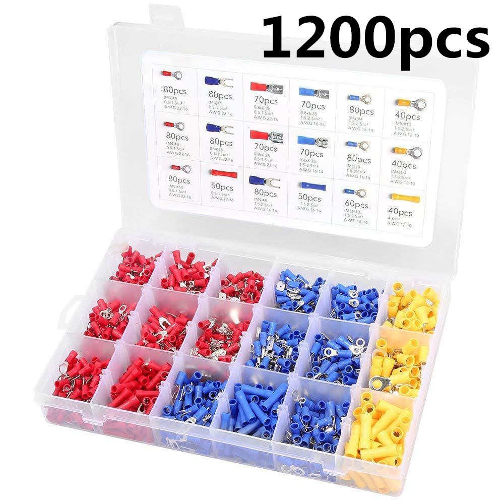 1200pcs冷压端子叉型U型Y型预绝缘接线端子铜芯接线鼻子线耳套装