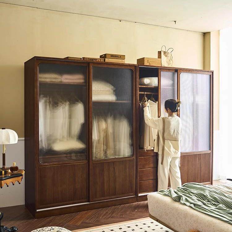 法016式储复实木衣柜用移门推拉门衣橱组合卧室中古古风收纳家物