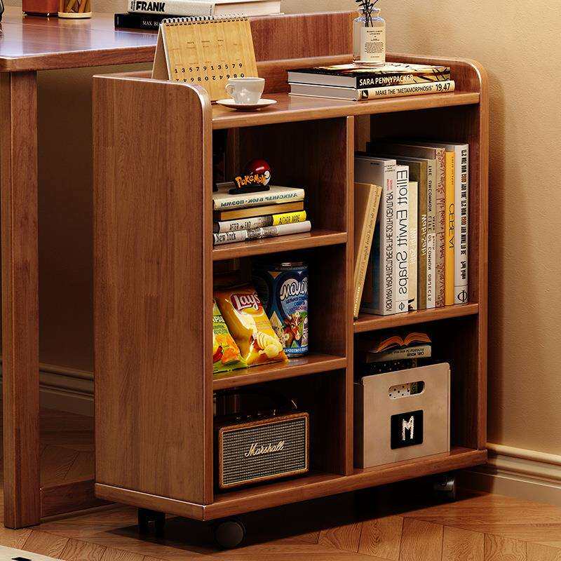 全实木书柜带轮可移动桌边沙发收纳边柜侧边柜卧室床边书架置物架