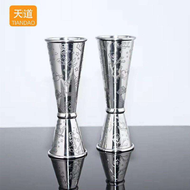 304不锈钢量杯带刻度鸡尾酒调酒盎司杯双头量酒器蚀刻花纹定制