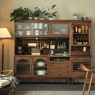 北美黑胡桃餐边柜实木酒柜客厅复古北欧高柜一体靠墙小户型储物柜