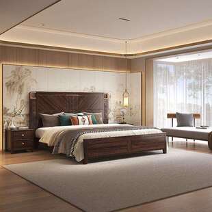 1.8米简约实木储物双人式 具 床新中金木极简高端家用家卧乌室W339