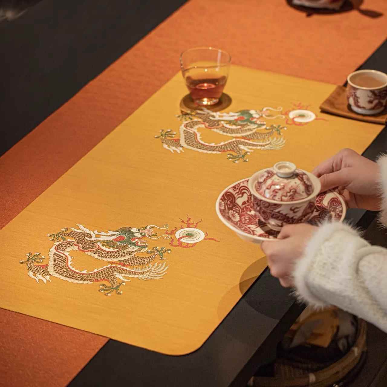 知舍 -龙珠干泡席新中式复古高档茶桌时尚台布垫宫廷风双层茶桌垫