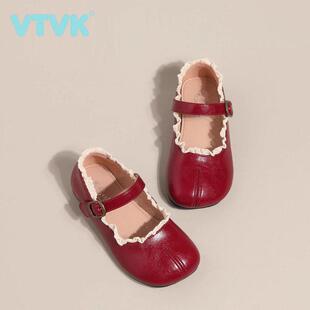 VTVK女童红色小皮鞋儿童公主鞋2025新款女宝单鞋软底演出真皮鞋子