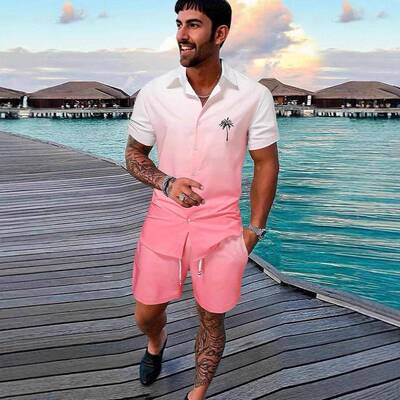Men's Tropical Palm Tree Print 2-Piece Loungewear Set -