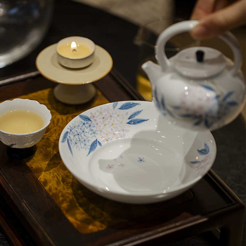 墨己玉泥白瓷手绘粉彩绣球花陶瓷壶承茶道配件团花干泡盘茶点盘