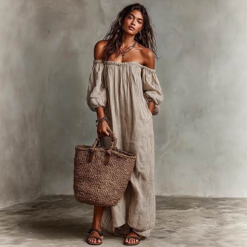 Striped one shoulder cotton linen dress