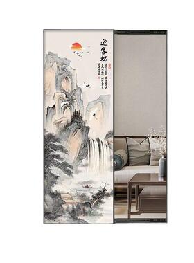 中式风家用隐形推拉镜玄关装饰画可关闭暗藏式全身镜壁画2024新款