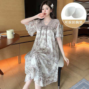 甜美薄款 彩虹睡裙女夏季 公主风性感家居服带胸垫蕾丝网纱宽松睡衣