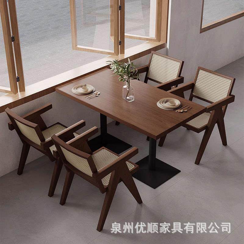 新款直销工业风铁艺实木餐桌椅组合小吃店快餐店餐饮店商用复古长