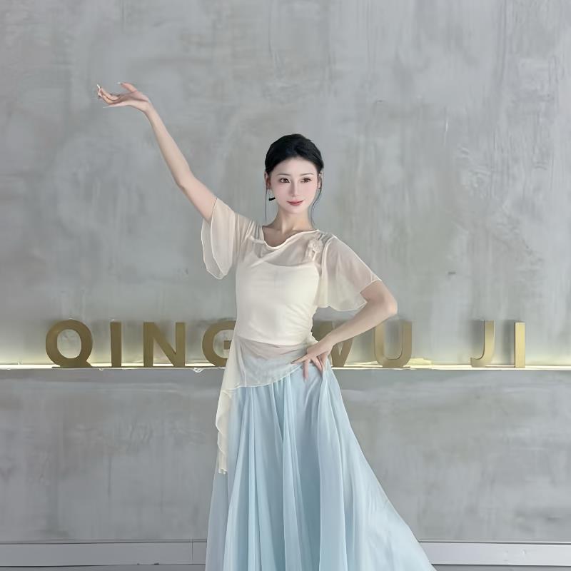 古典舞服女夏季新款修身短袖网纱花朵上衣现代舞飘逸演出练功服