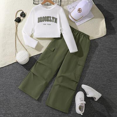 Girls Letter Print Sleeve Army Cargo Pants Set Girl Clothes
