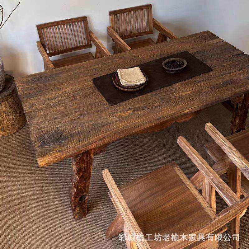 老榆木餐桌椅组合家用风化茶桌老门板长条桌民宿茶台实木办公桌