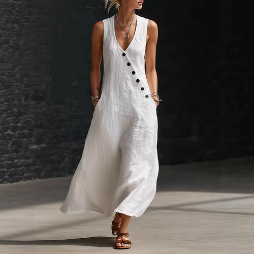 V-neck sleeveless linen vest skirtV领无袖亚麻背心裙