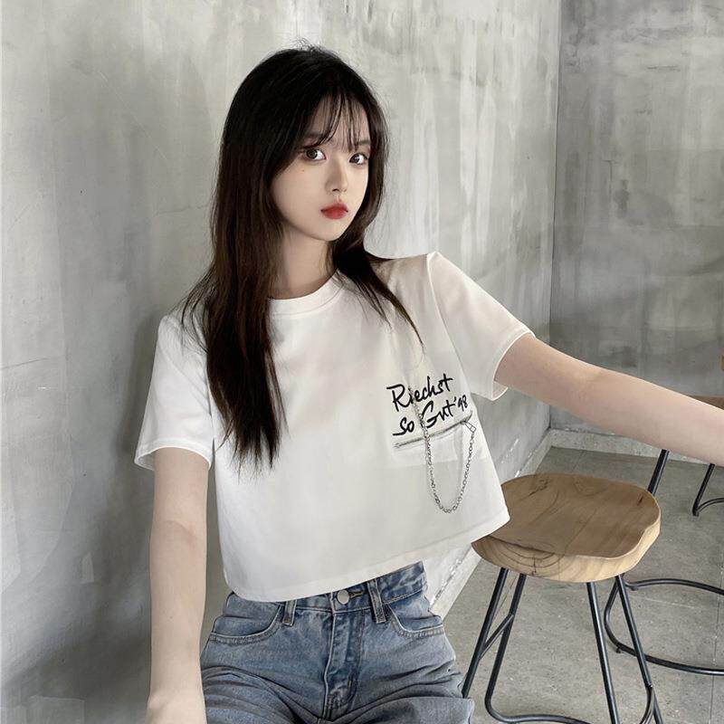 夏季韩版宽新款松短款设计花感拉链字母印短袖T恤学生上衣女
