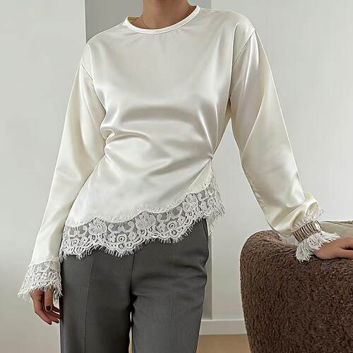 Lace Trim Satin Tie Back Blouse One Size Comfortable Womens