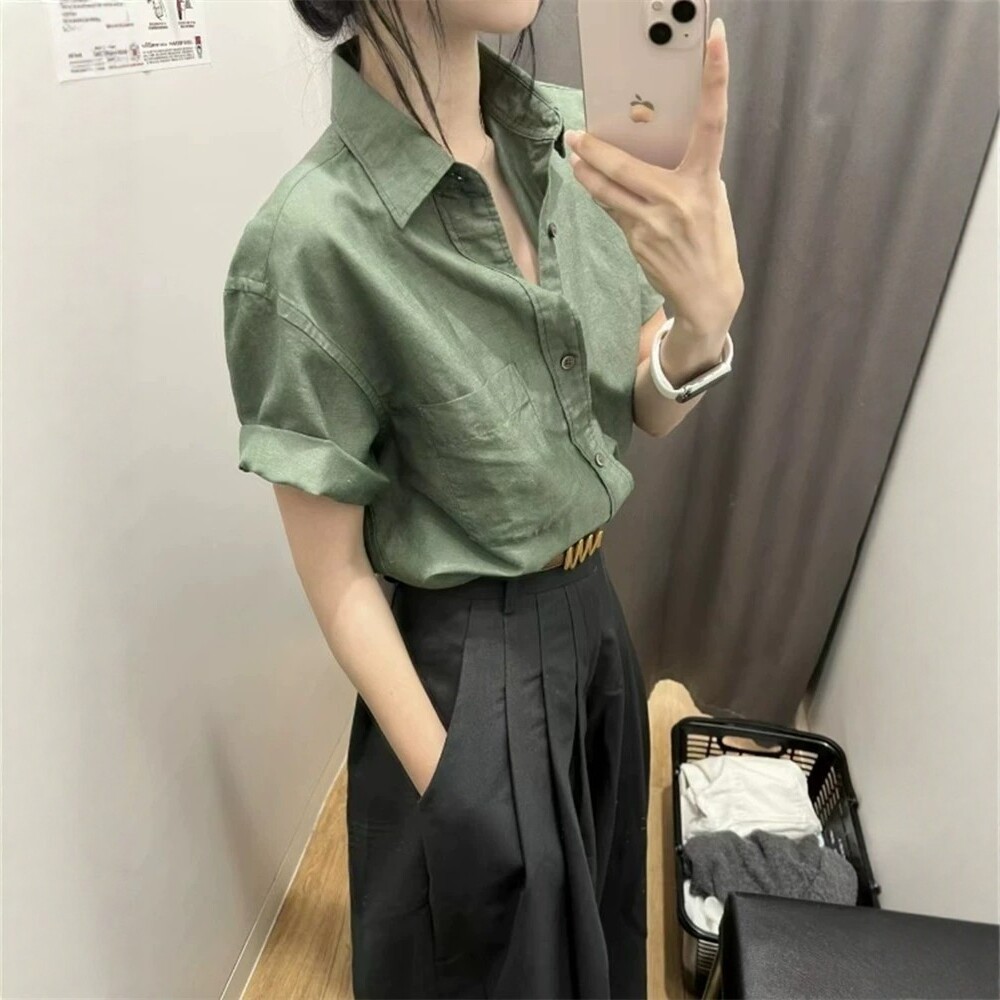 高端绿色棉麻正肩短袖衬衫女装夏季薄款高级感亚麻衬衣polo领上衣