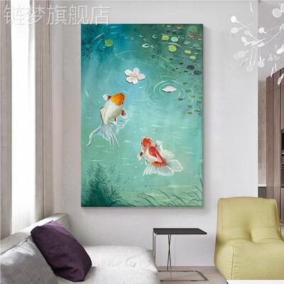 网红荷大画村玄运锦鲤手芬绘关油新中式客图厅双鱼好装饰画塘金鱼