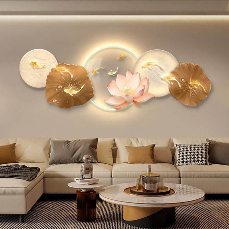 九鱼图荷花客厅装饰画沙发背景墙LED灯光挂画轻奢高级感莲花壁画