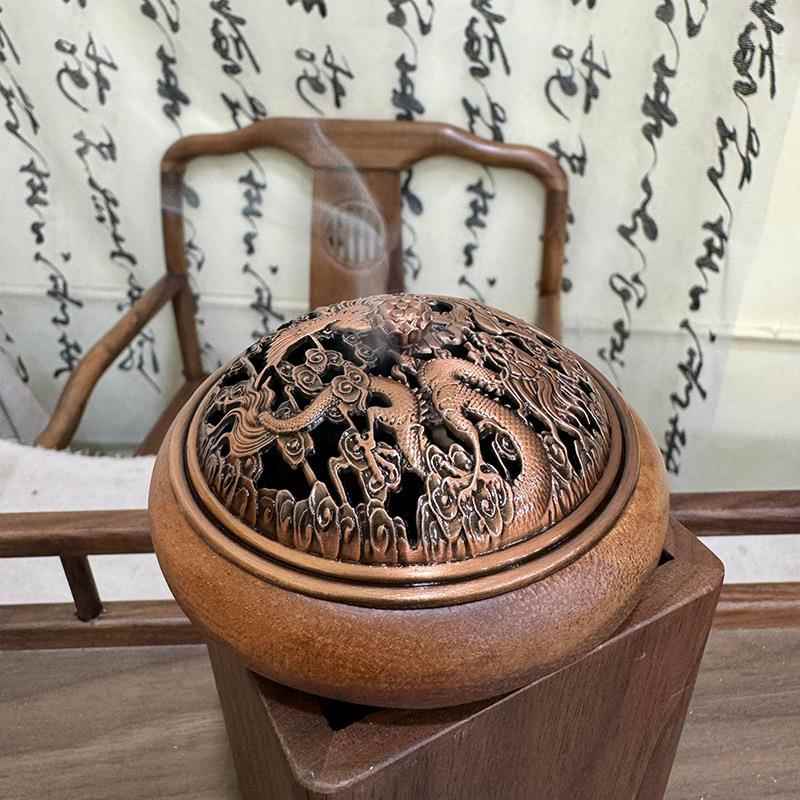 胡桃木圆方香炉中式室内镂空带盖实木沉香檀香盘香炉木头底座底托