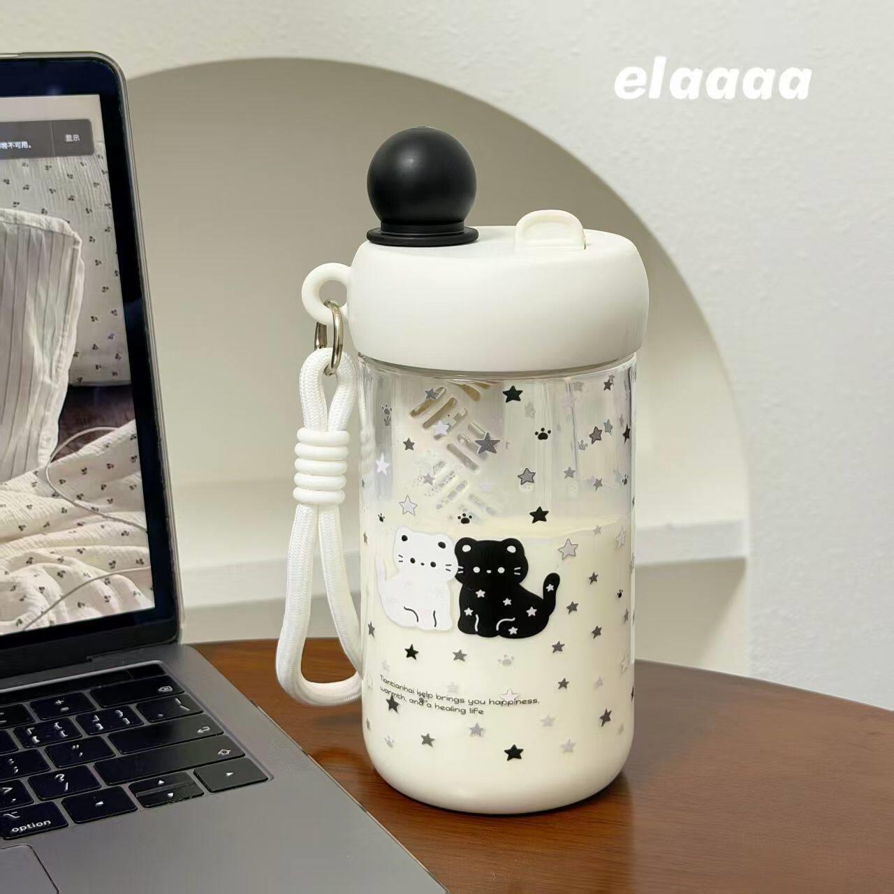 星星猫吸管水杯女生高颜值便携双饮学生上学专用可爱牛奶杯子夏日