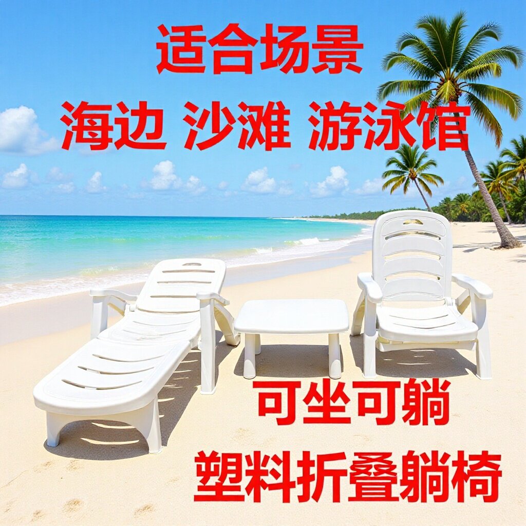 户外塑料沙滩躺椅酒店别墅庭院景区露天泳池塑料折叠椅午休塑胶椅