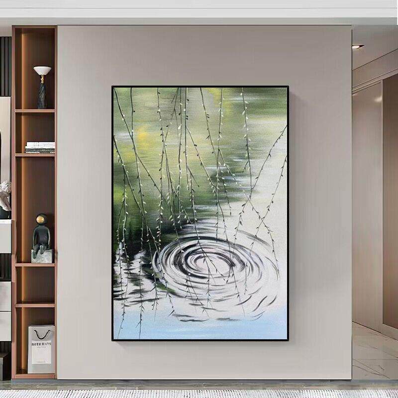 纯手绘油画抽象绿色客厅装饰画轻奢餐厅玄关挂画柳树枝条手工壁画
