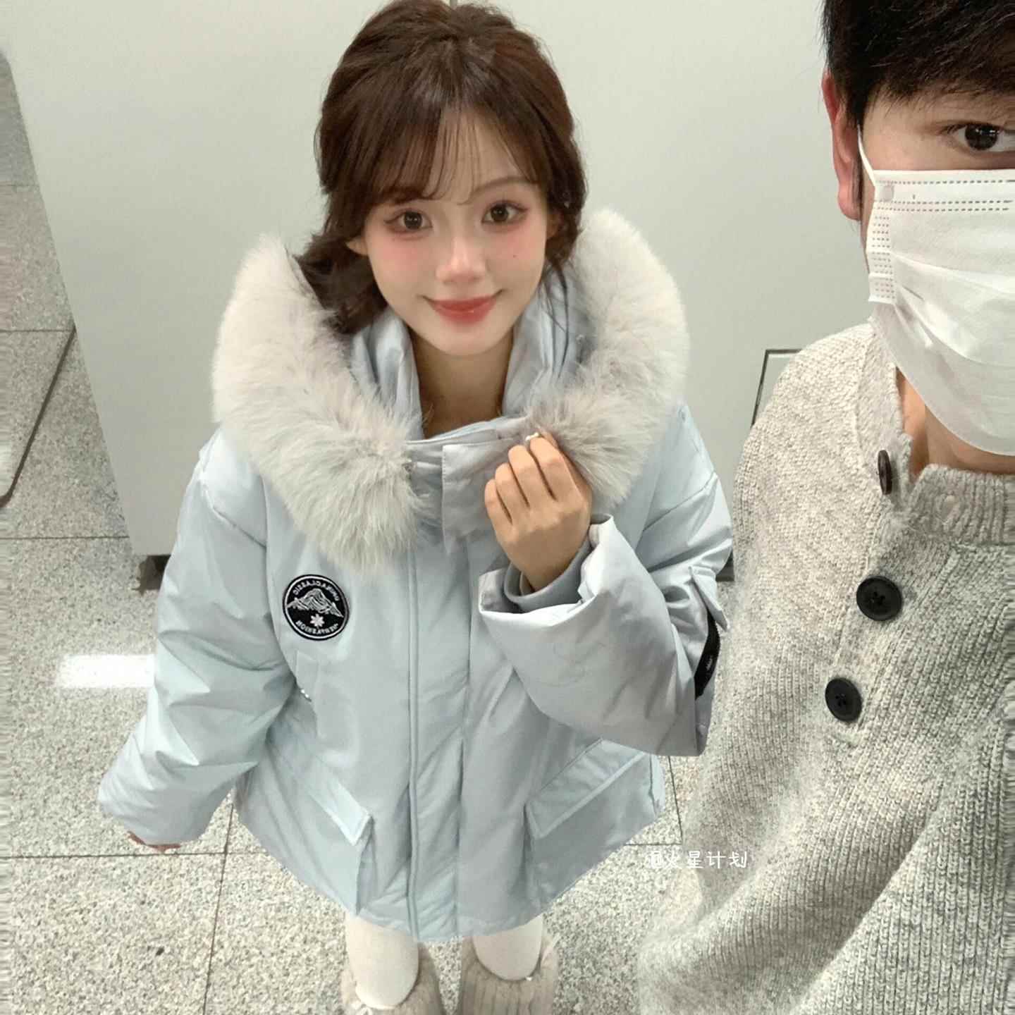 派克服外套2025新款高级感冰川蓝加绒加厚棉衣棉服女工装毛领棉袄