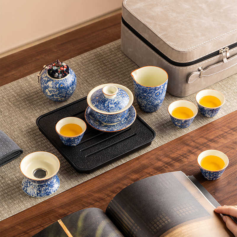 三才盖碗黄汝窑旅行功夫茶具套装家用便携式茶杯茶壶轻奢商务礼品