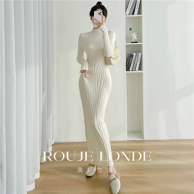 ROUJE LONDE长款过膝针织毛衣裙女秋半高领修身打底内搭连衣长裙