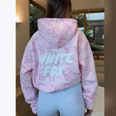 Women's Casual Bow Print Fce Drawstring Hoodie, Trendy