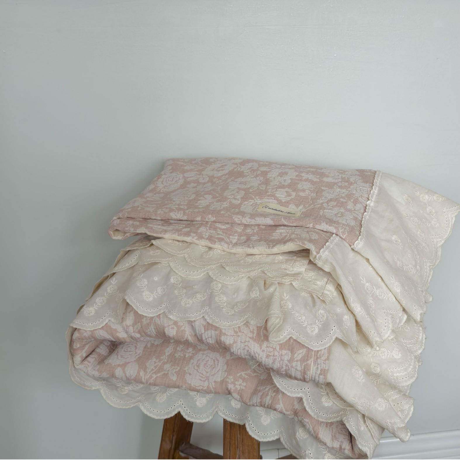 法式全棉色织双层柔纱提花四件套纯棉花边被套床单唯美风床上用品