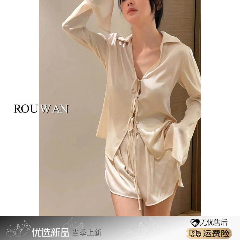 法式高级感纯欲风缎面冰丝睡衣女夏款新款系带长袖短裤家居服套装