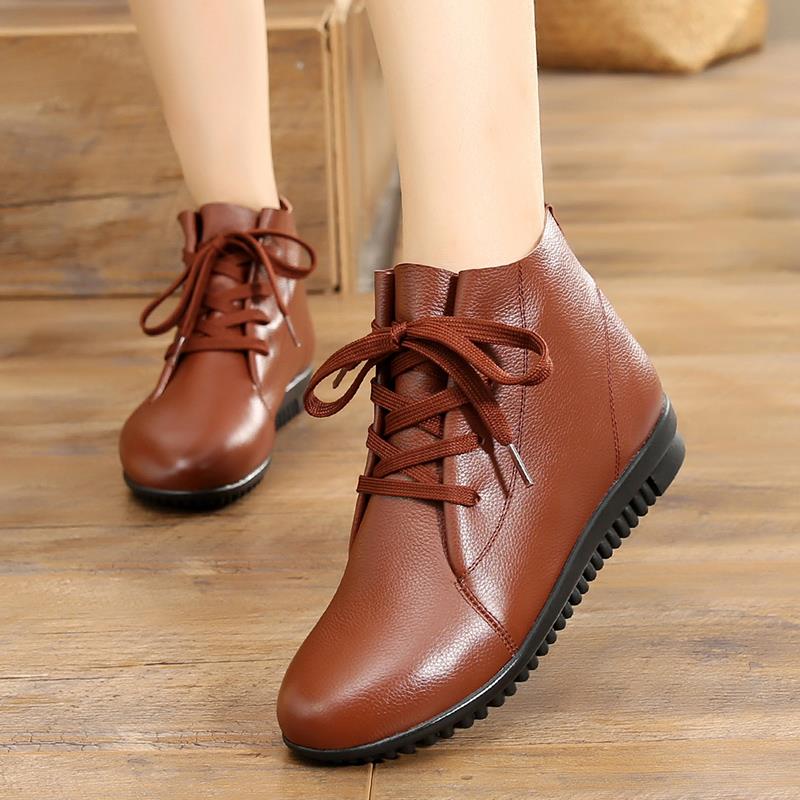 秋冬季休软软面妈妈真MY17D220皮鞋子中年闲女鞋加绒平底短靴女二