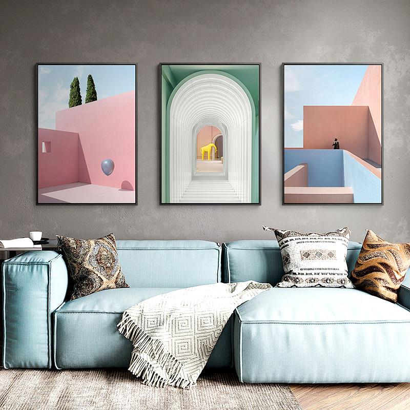 现代轻奢艺术画 ins建筑三联画客厅背景墙装饰画玄关画工作室挂画