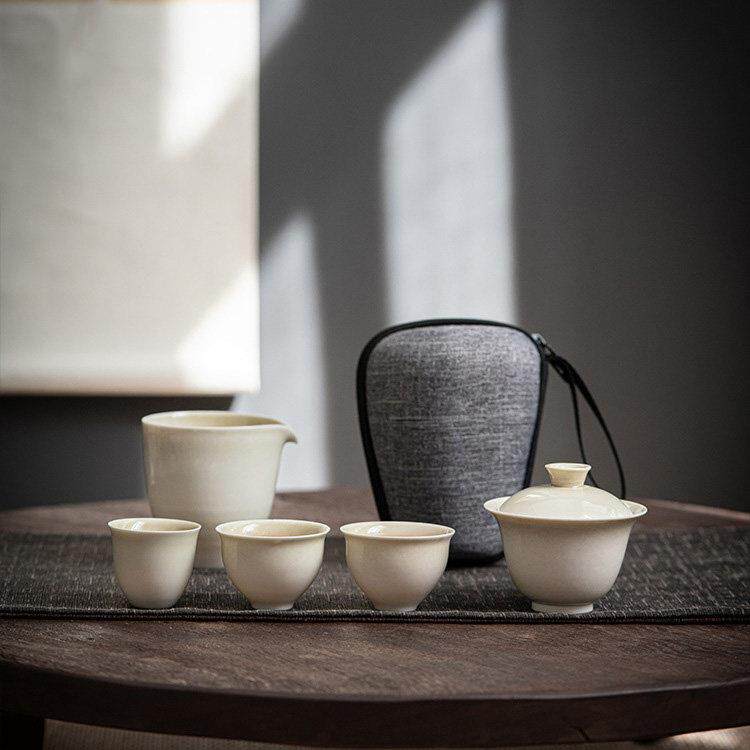草木灰旅行茶具套组收纳包快客杯一壶三杯彷古盖碗可携式功夫茶具