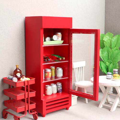 1:12娃娃屋dollhouse迷你家具木质冰箱商店微场景饮料彩色冰柜