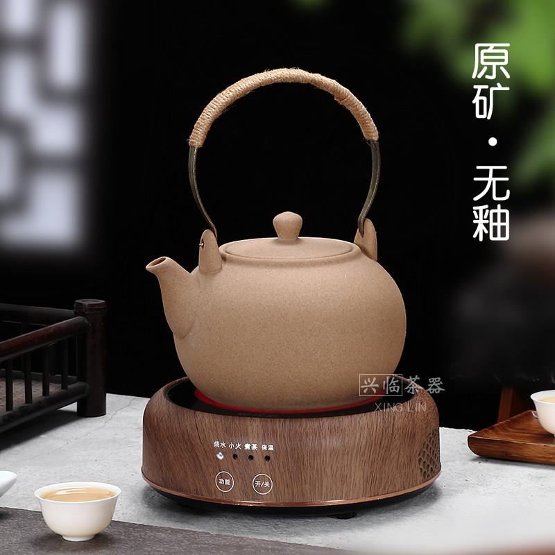 陶壶无釉烧水壶原矿陶土耐高温明火黑晶炉提梁单壶粗陶炭炉煮茶器