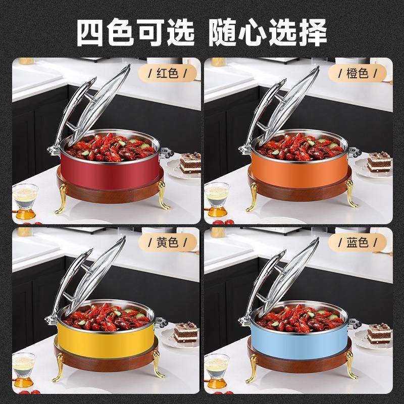 跨境食品级不锈钢圆形餐炉木质底座电磁炉加热自助餐商用保温炉
