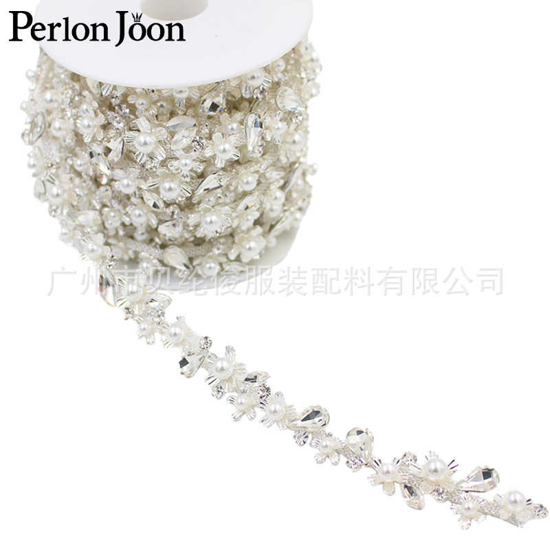 新款珍珠花水滴形水钻玻璃码链婚纱DIY服装辅料装饰银色金属链