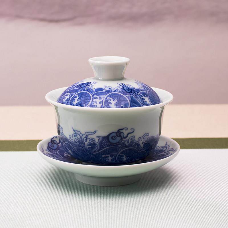 青花功夫茶具盖碗山水缠枝莲三才碗心经茶碗家用泡茶器不烫手茶碗