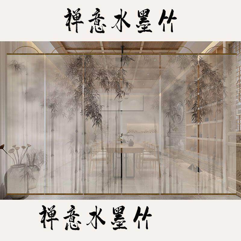 新中式半透水墨竹双面透景屏风纱卷帘隔断窗挂帘水墨窗帘透光纱帘