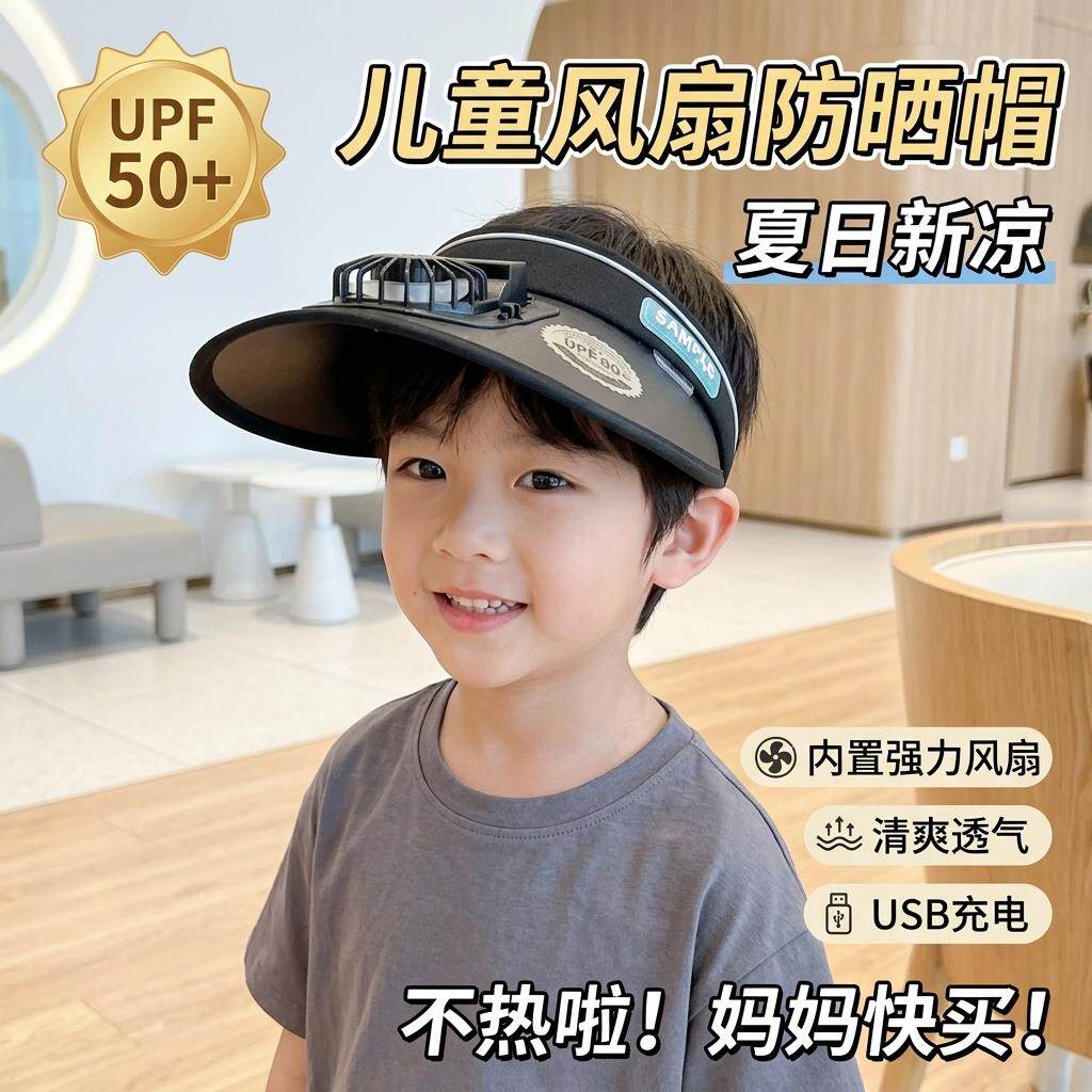 儿童风扇帽子男女童带风扇空顶帽夏季防晒帽薄款防紫外线大檐帽子