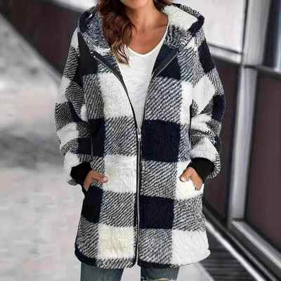 Plaid Womens Jacket Coat Sleeve Zipper Loose Long Plush