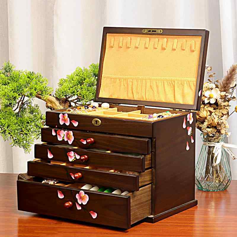 高档实木饰盒带锁式饰品项链戒指手饰镯盒耳环手表收首纳绒布手品