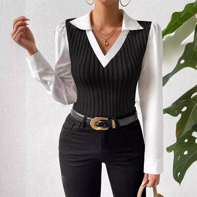 Women's Casual Commuter V-Neck Long Sleeve Shirt Patchwork