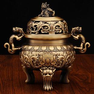 仿古狮子二龙戏珠熏香炉兽耳青香炉办公室地摊文玩摆件纯铜香薰炉